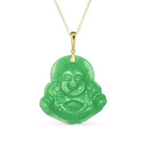 Yogi Amulet Green Jade Laughing Buddha Pendant Necklace 14K Gold Plated Silver